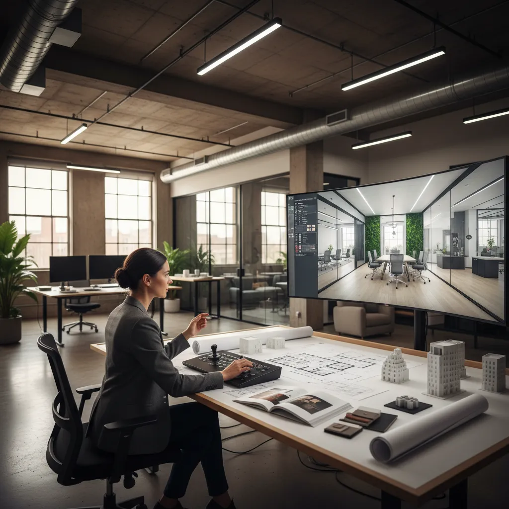 Diseñador revisando modelo 3D de un espacio interior comercial