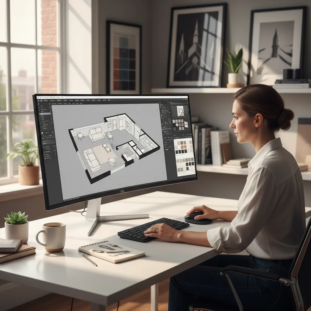 Diseñador planificando distribución de una habitación en software de diseño