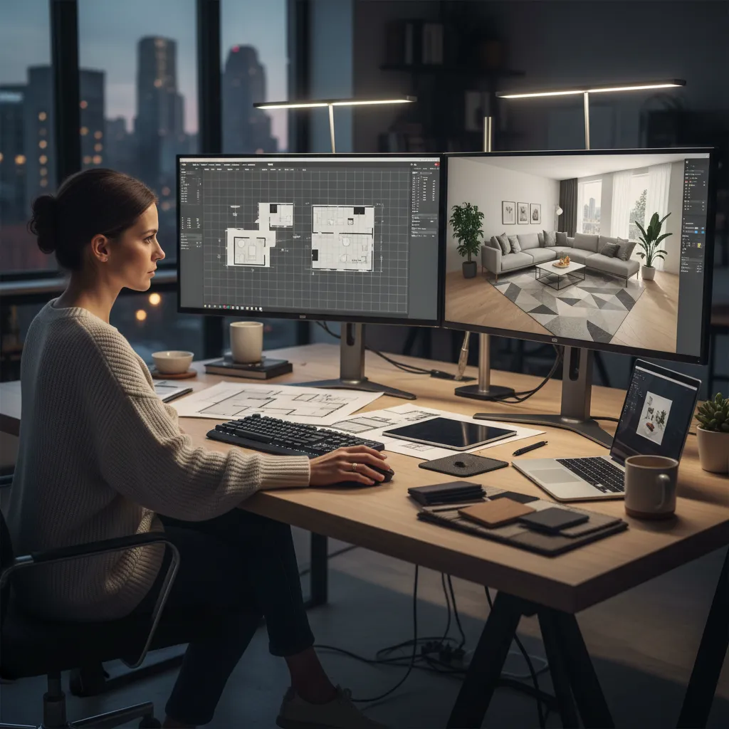 Diseñador creando la distribución de un espacio interior en software 3D