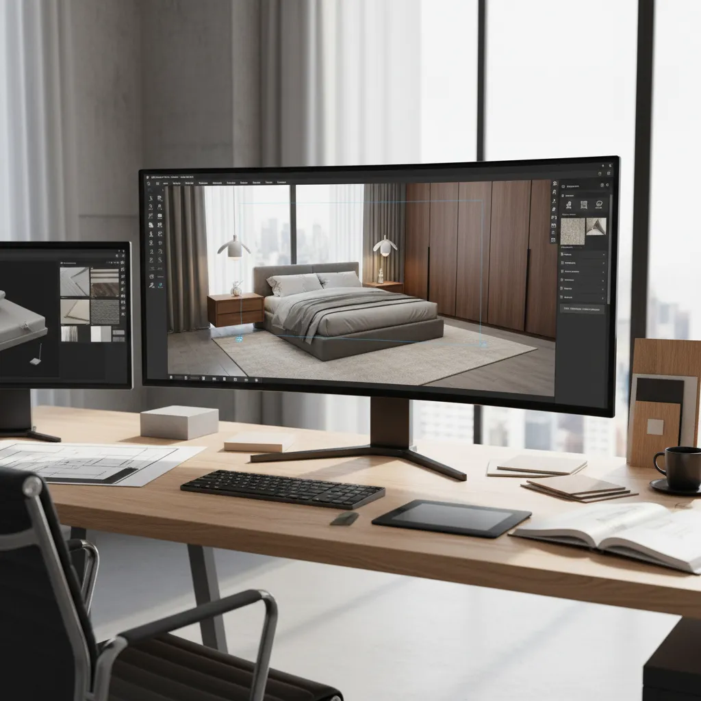 Planificación digital de una habitación con distribución de muebles