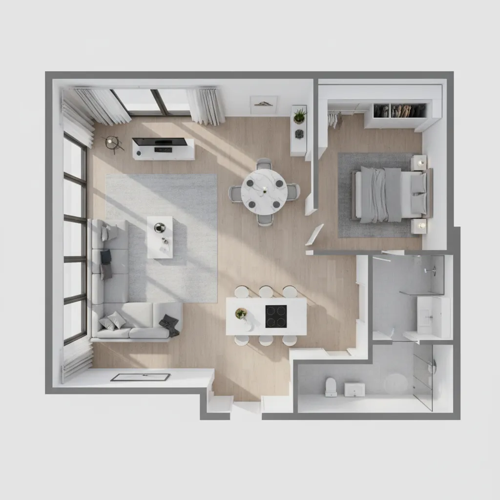 Top view of a modern apartment layout with living room kitchen bedroom and bathroom design