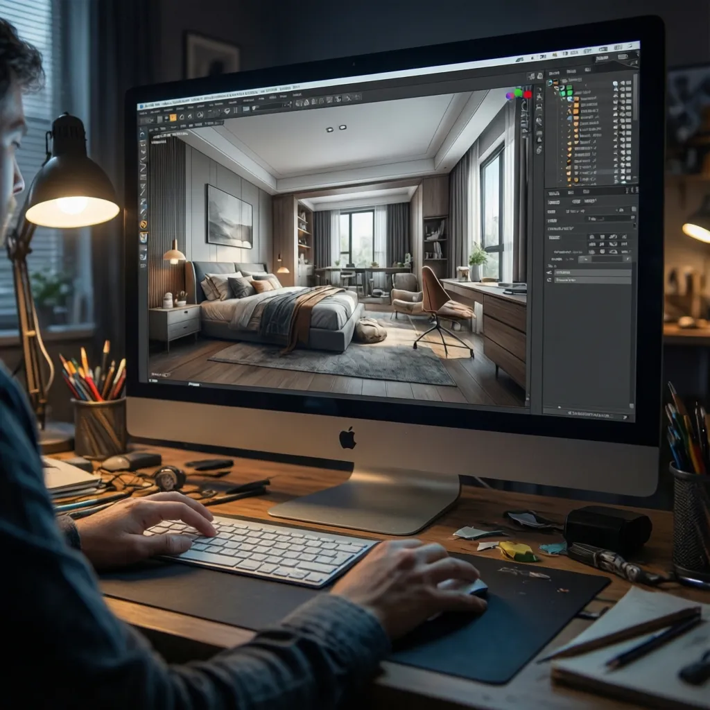 Diseño digital de distribución de una habitación en software 3D