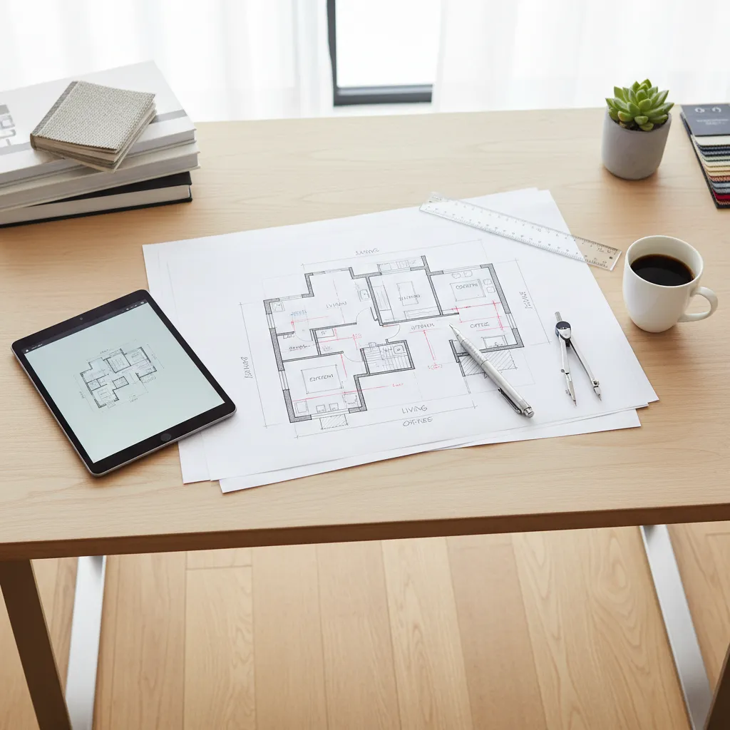 Plano de vivienda con zonas funcionales marcadas sobre una mesa de trabajo
