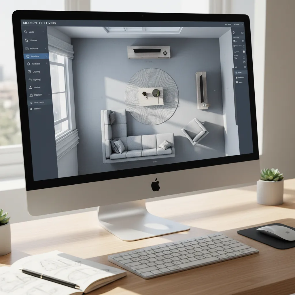 Plano digital de una sala diseñado en software de interiorismo