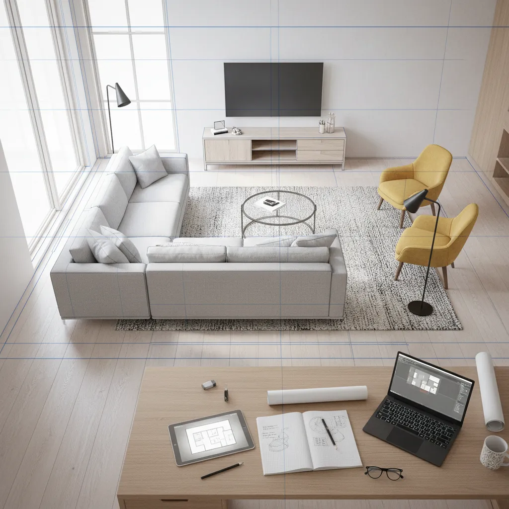 Plano de distribución de sala con muebles organizados correctamente