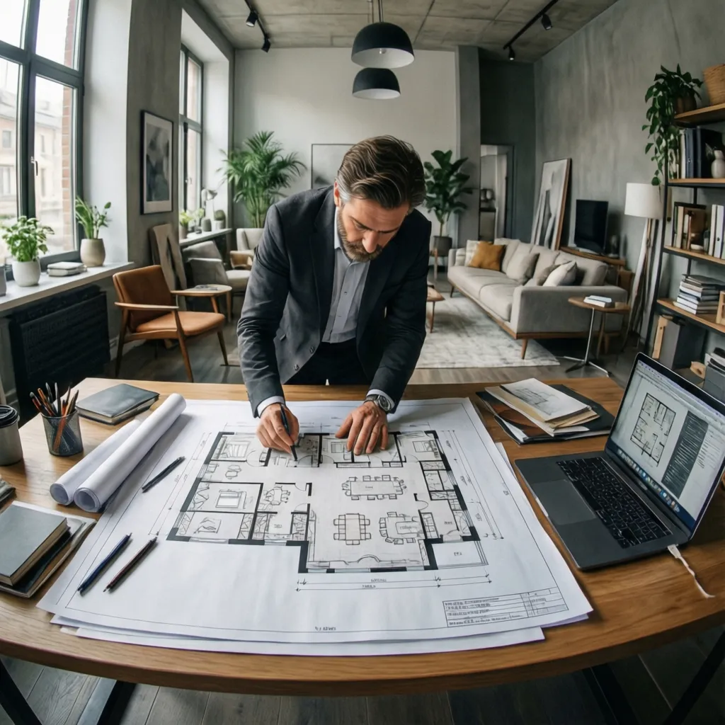 Professional designer drawing a detailed house floor plan on a large desk with a laptop