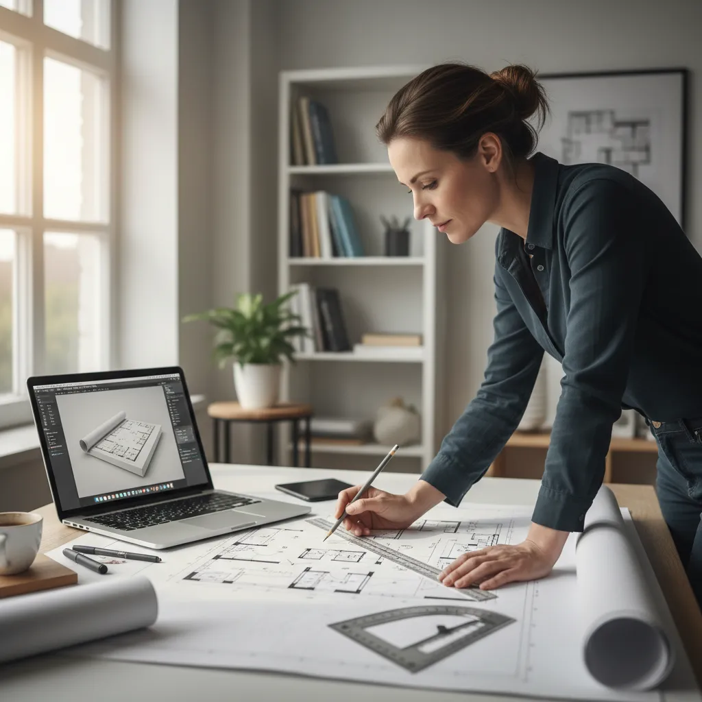 Plano de distribución de un apartamento sobre una mesa de trabajo