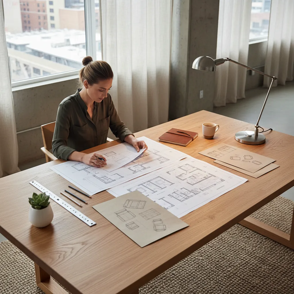 Diseñador revisando planos de distribución de un apartamento