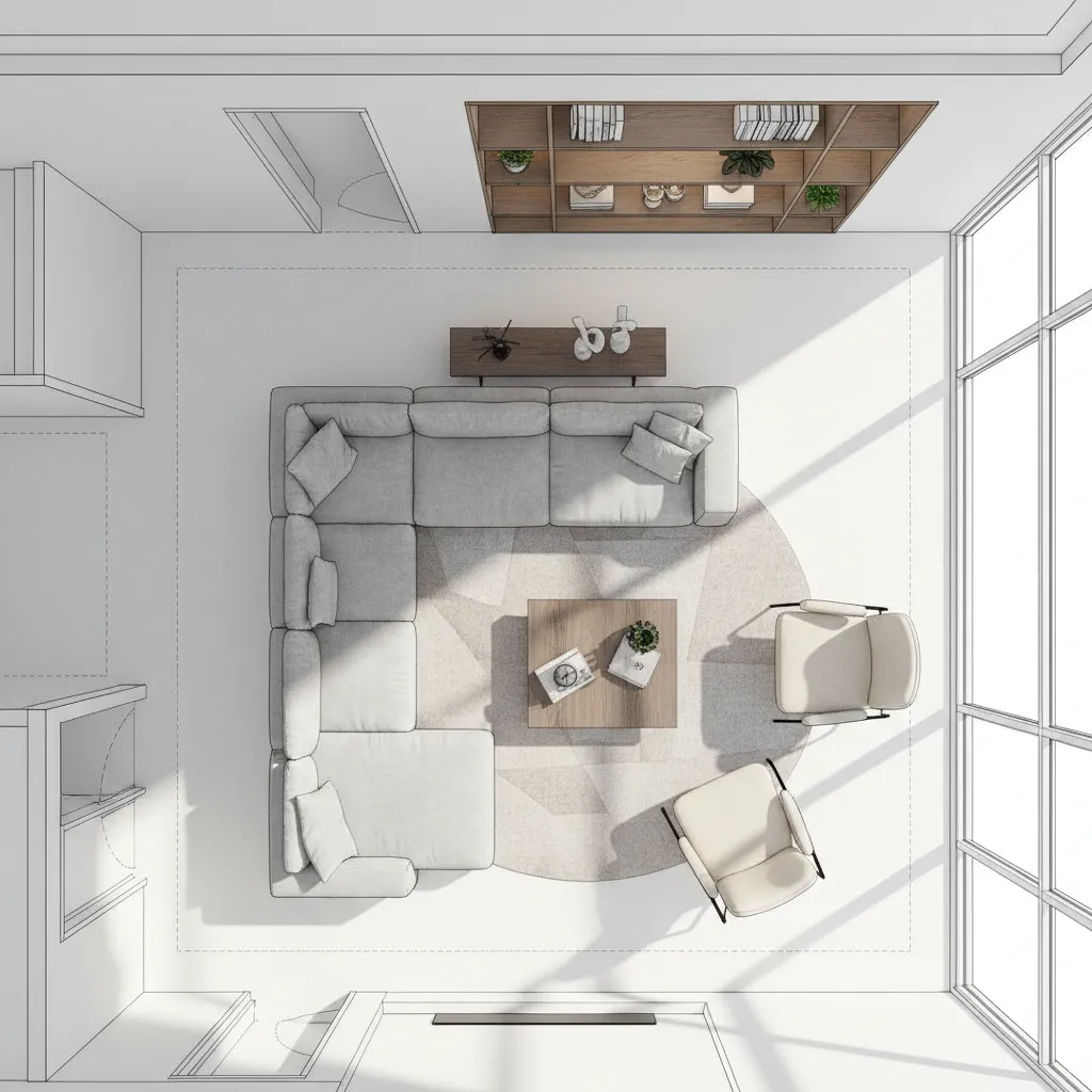 Plano de distribución de sala con muebles y medidas