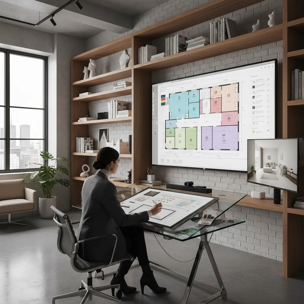 Woman interior designer working on a colorful floor plan layout using a digital drawing tablet