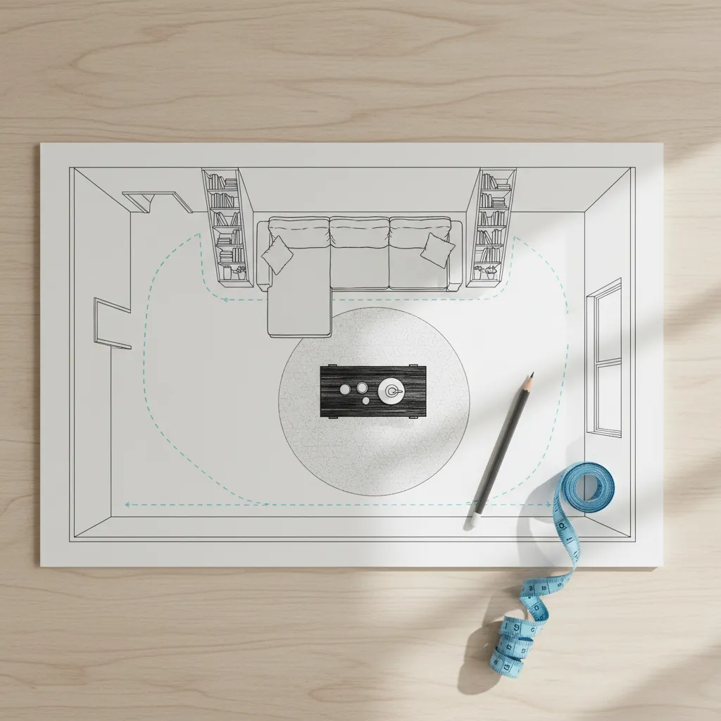 Interior design drawing showing a living room layout with sofa, rug, coffee table, and pencil