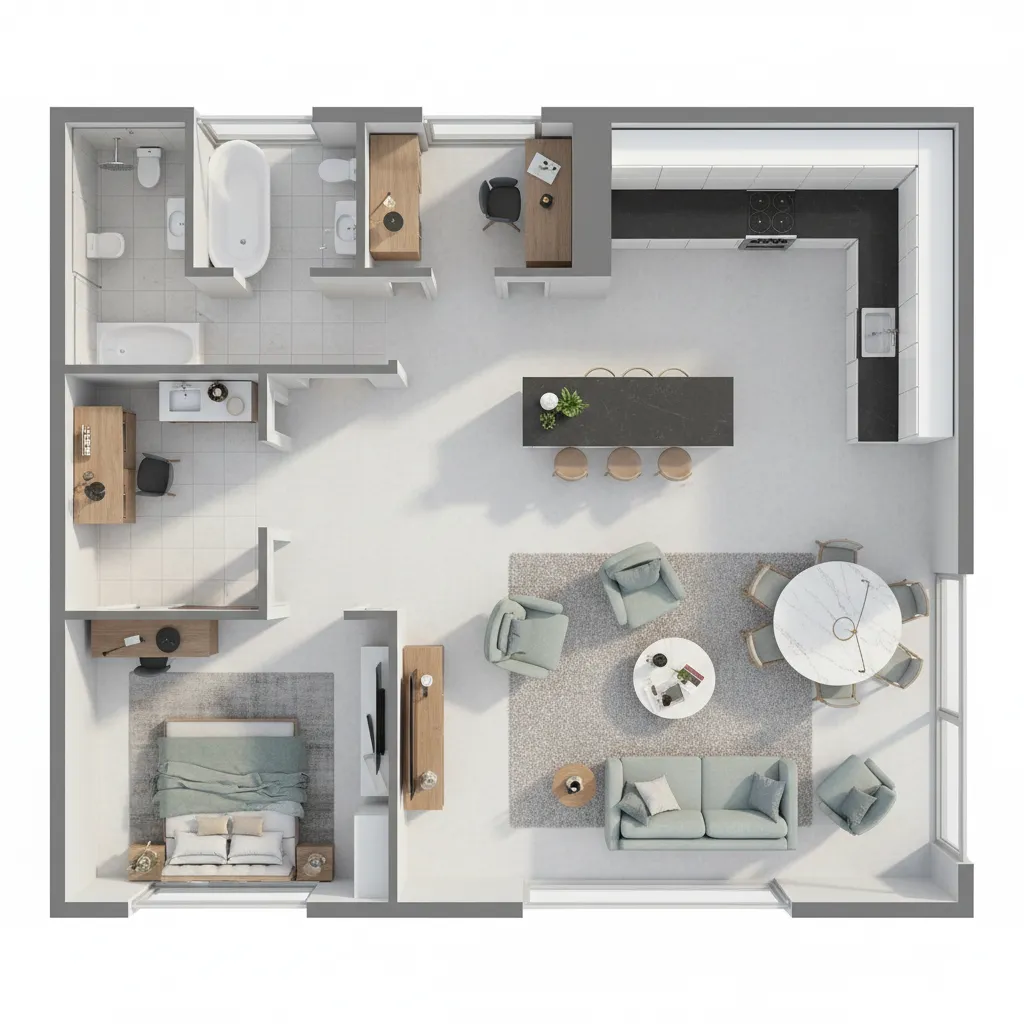 Plano de distribución de un apartamento con zonas marcadas