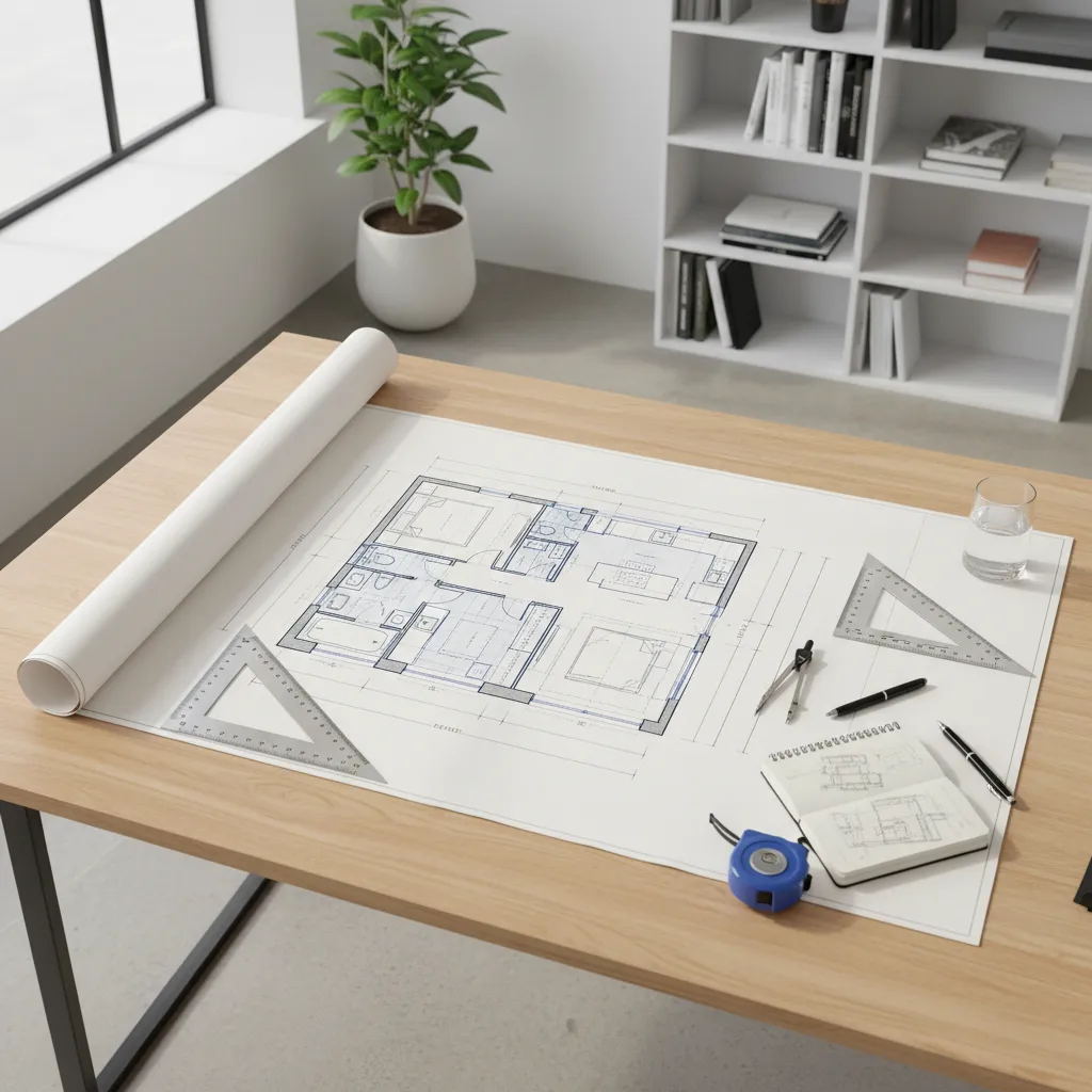 Room layout drawing on a wooden desk with triangle rulers, pens, notebook, and tape measure