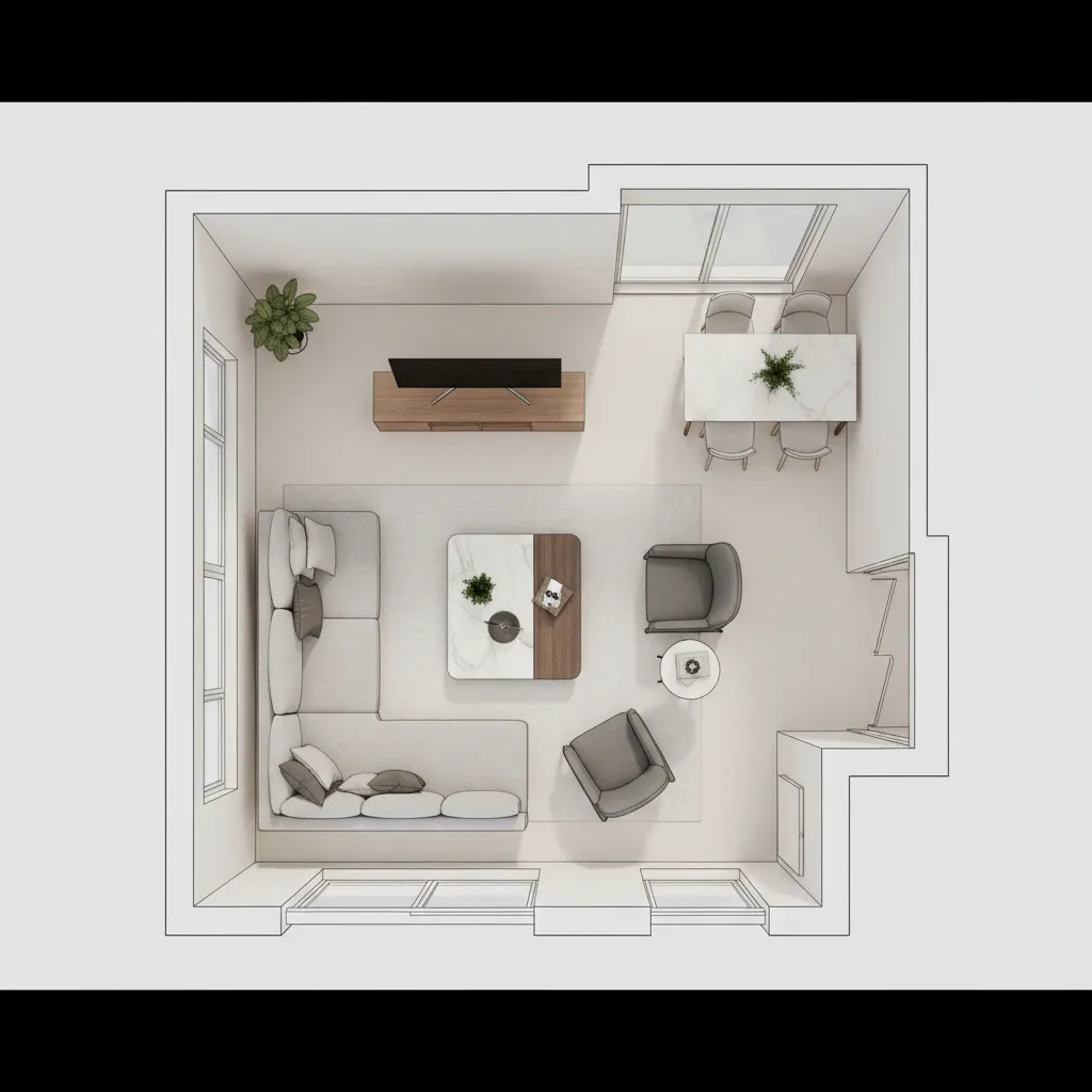 Plano de distribución de una sala con muebles organizados