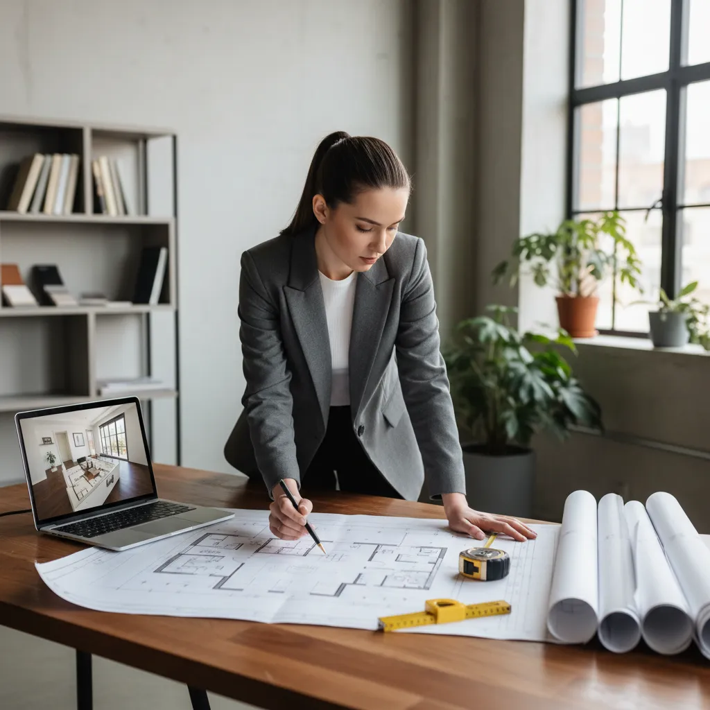 Diseñador analizando la distribución de un salón en plano