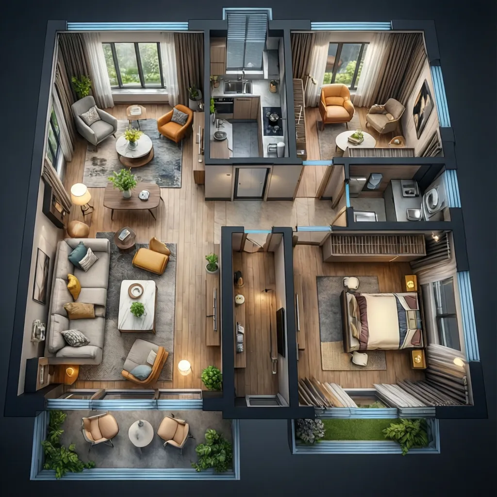 Plano 3D de un apartamento mostrando distribución del mobiliario