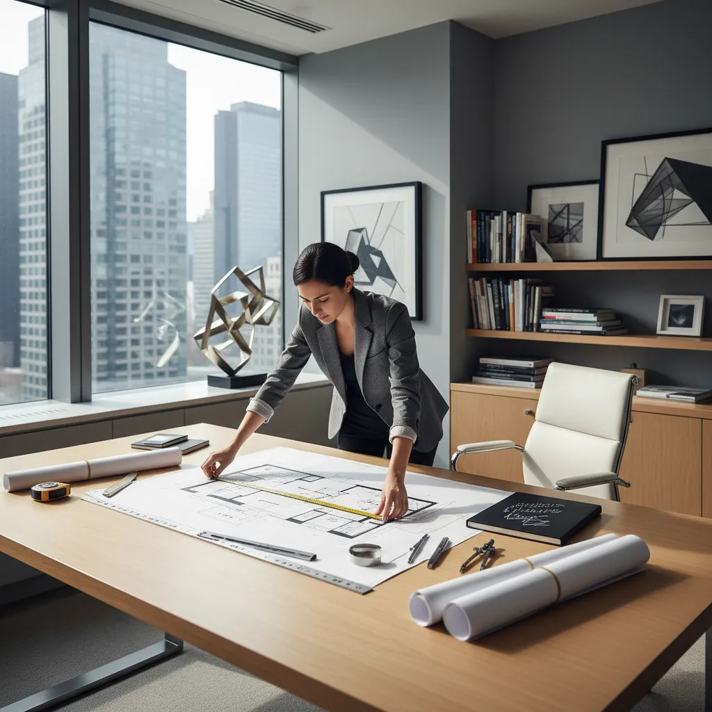 Diseñador revisando planos de distribución de una vivienda