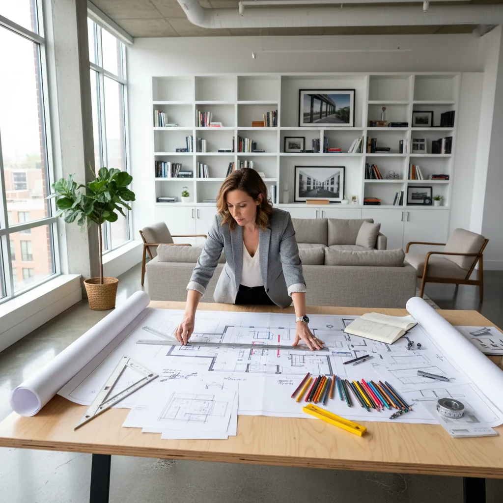 Female designer reviewing large paper room layout with pencils and ruler in modern bright office