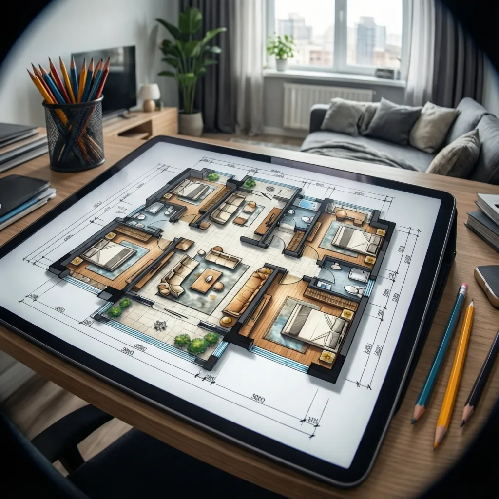 Plano de distribución de un apartamento en proceso de diseño