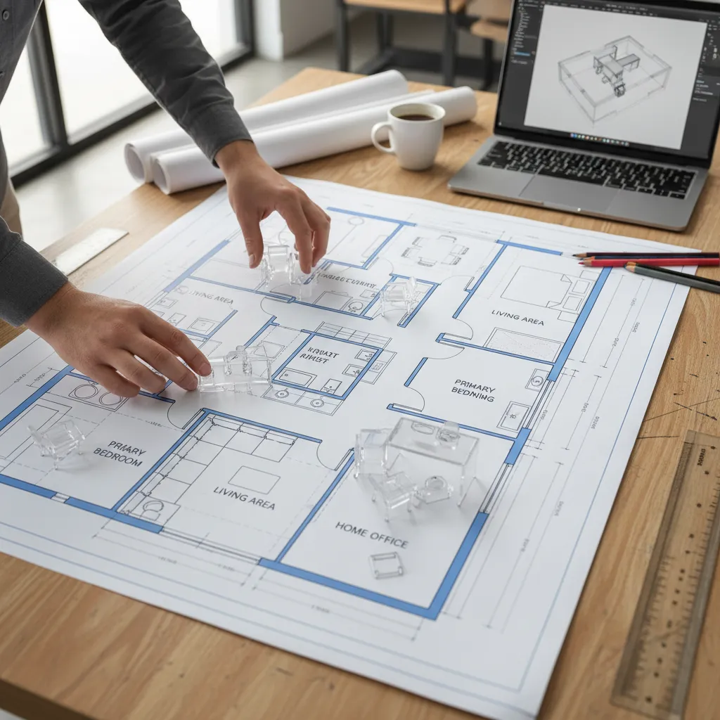 Plano de distribución de vivienda con diseñador organizando muebles