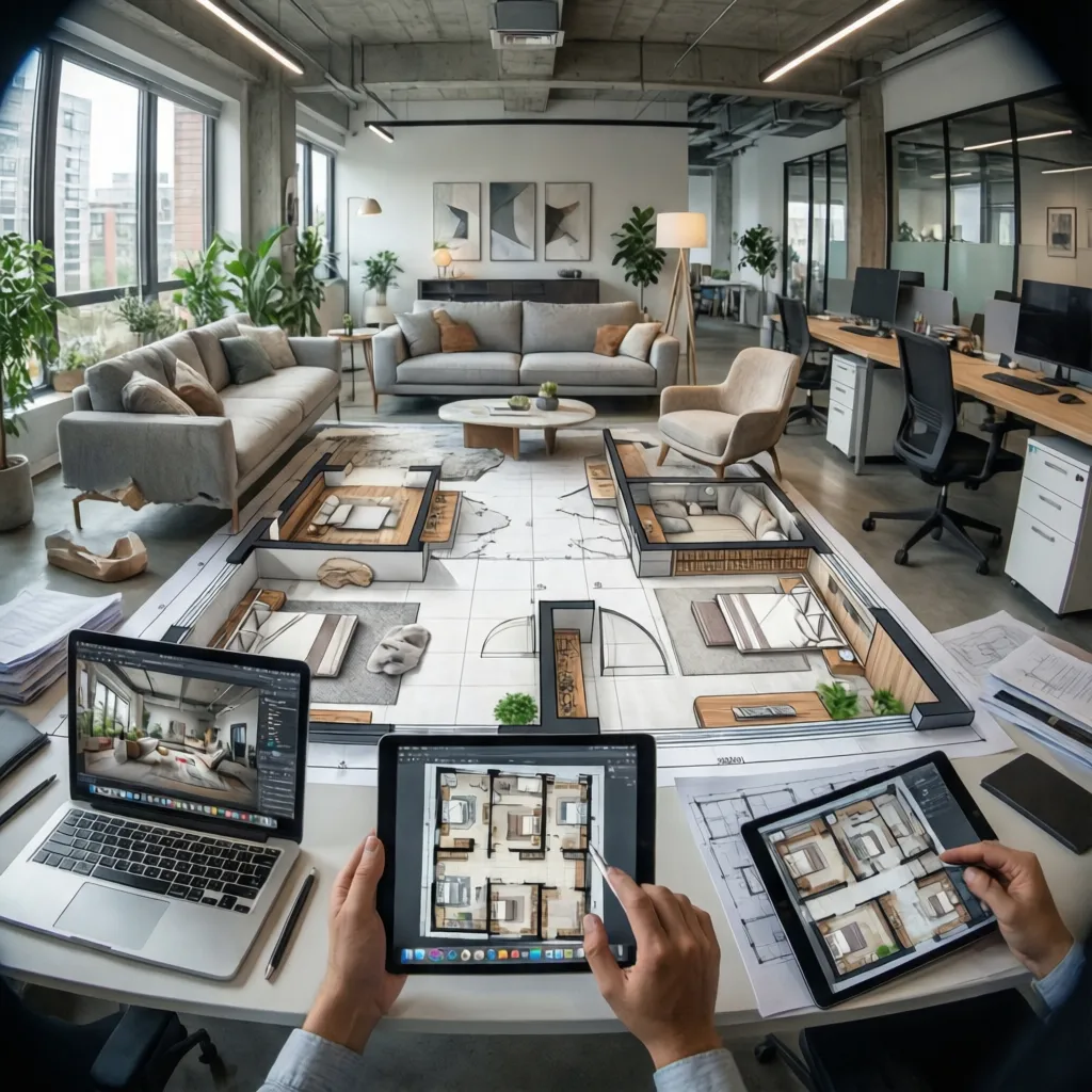 Diseñador planificando distribución de muebles en plano digital