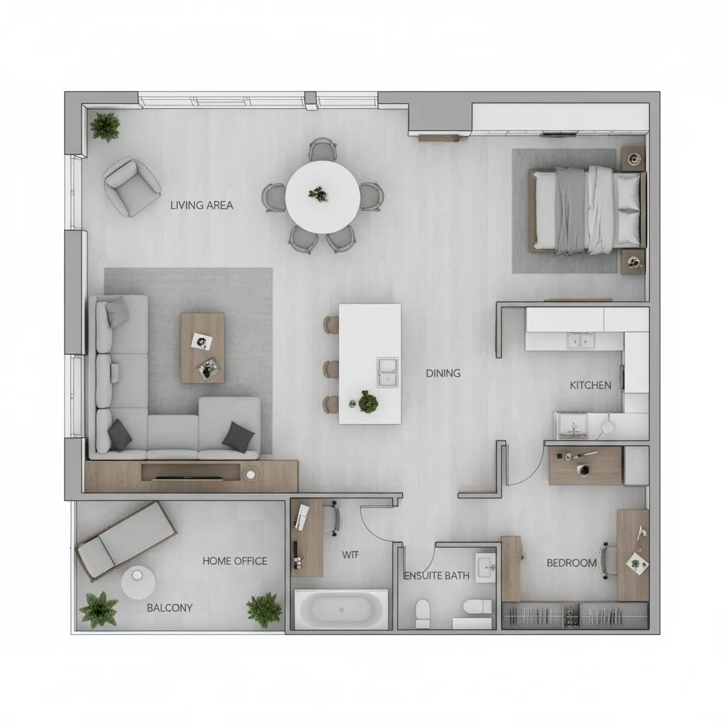 Plano de distribución de apartamento con zonas funcionales marcadas