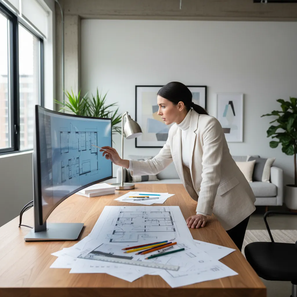 Diseñador revisando distribución de un apartamento en plano digital