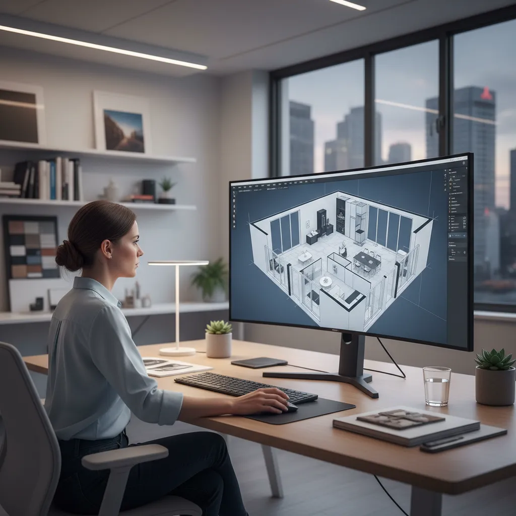 Diseñador creando una distribución de espacios en computadora