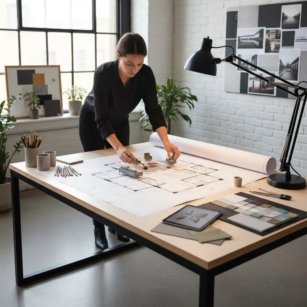 Diseñador creando distribución de muebles en un plano de habitación