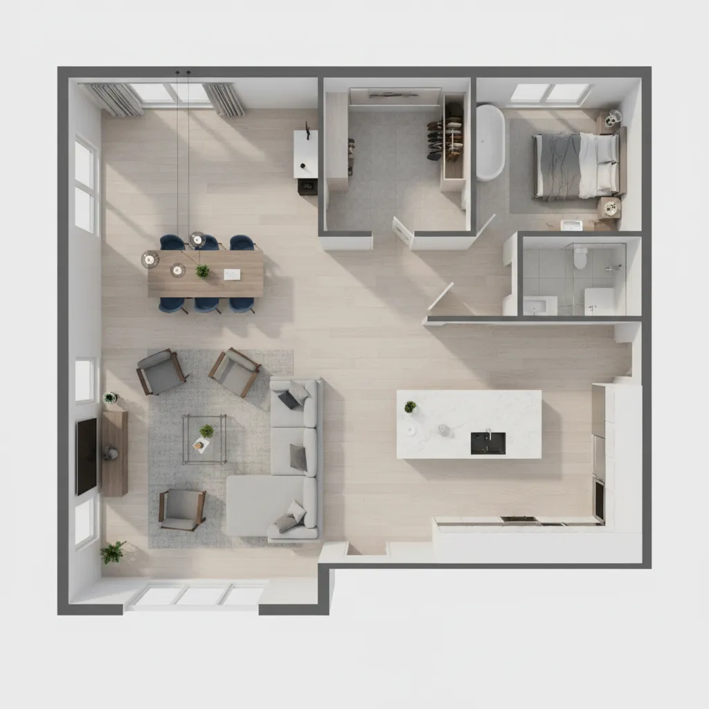 Detailed interior design drawing showing kitchen island living room dining area bedroom and one bathroom