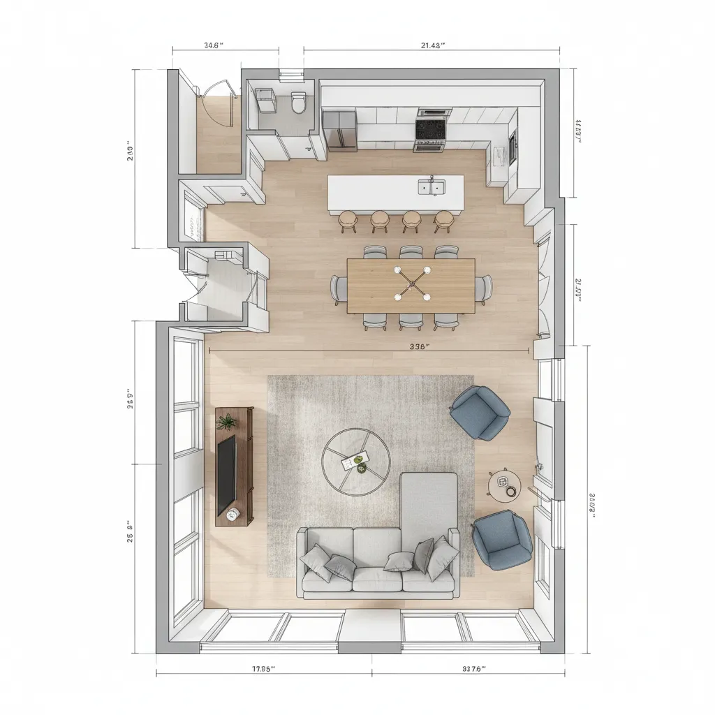 Plano de una habitación con medidas y colocación de muebles