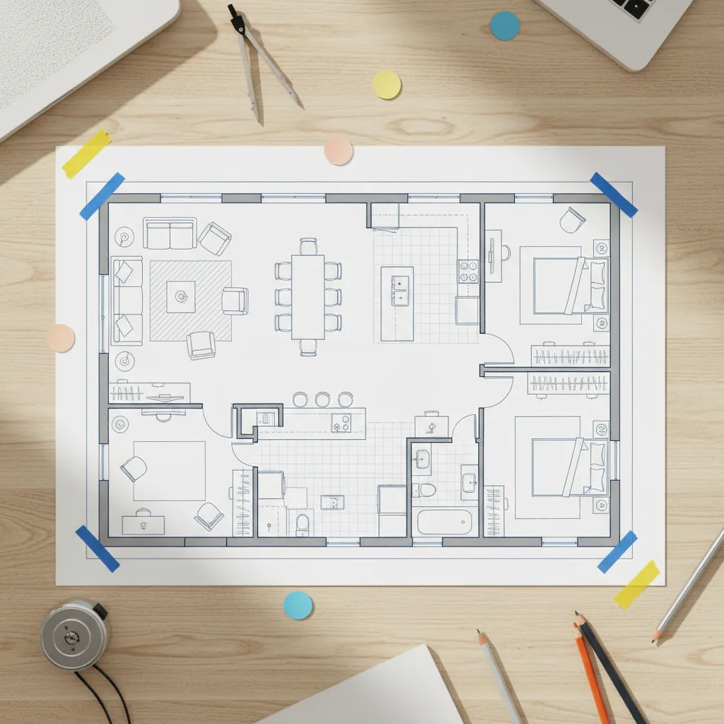 Plano de distribución de vivienda con muebles y zonas funcionales