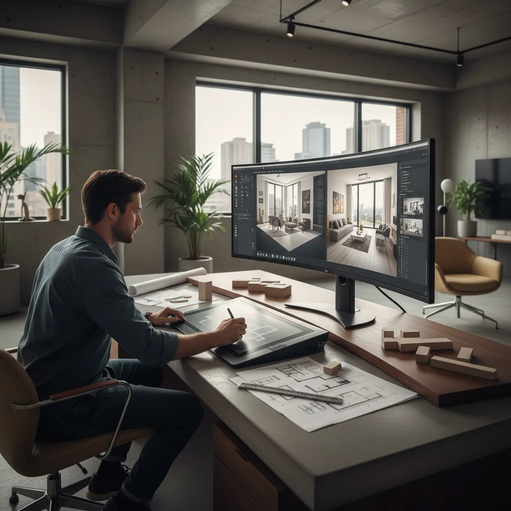 Plano de distribución de una vivienda en pantalla con modelo 3D de interior