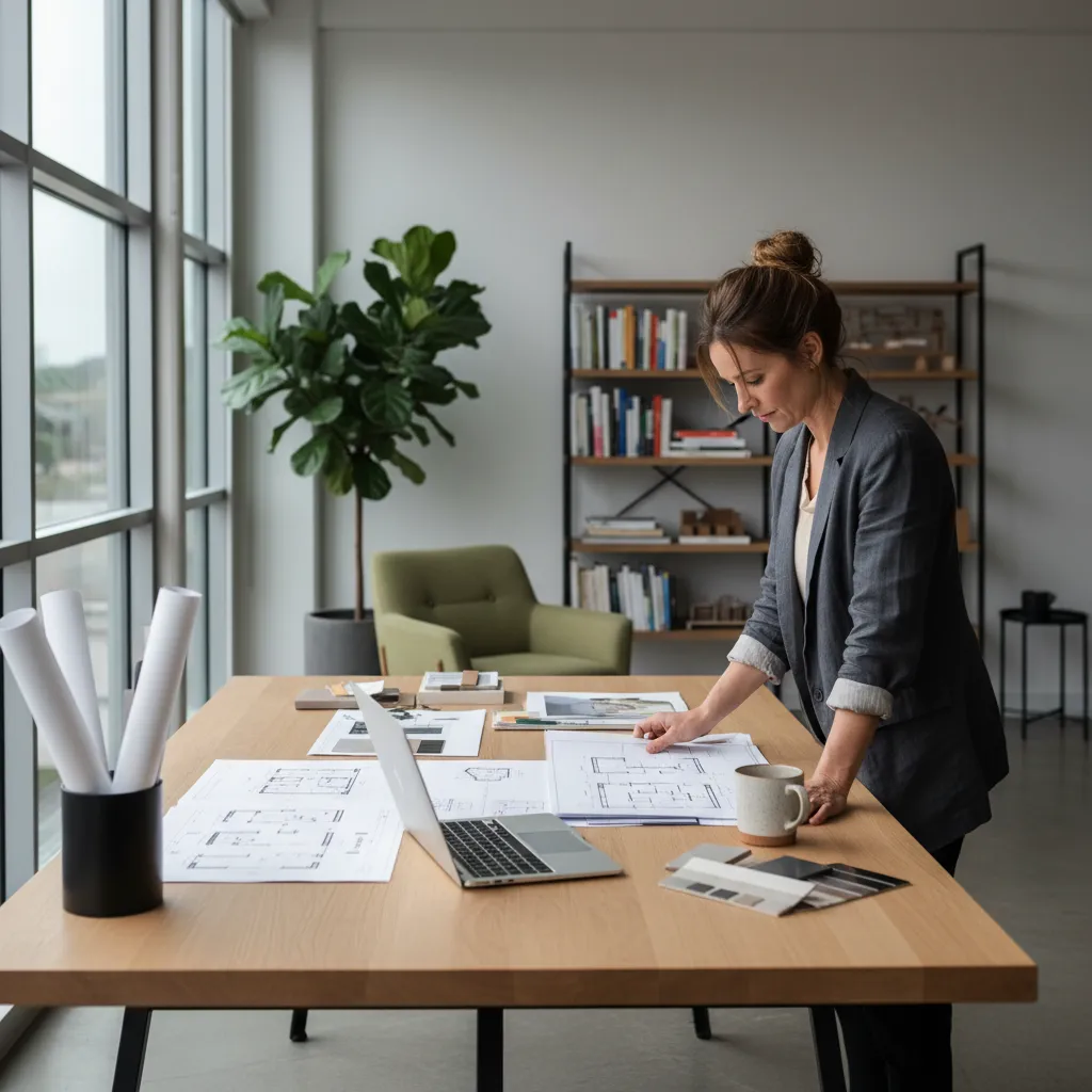Diseñador analizando planos de una vivienda en una mesa de trabajo