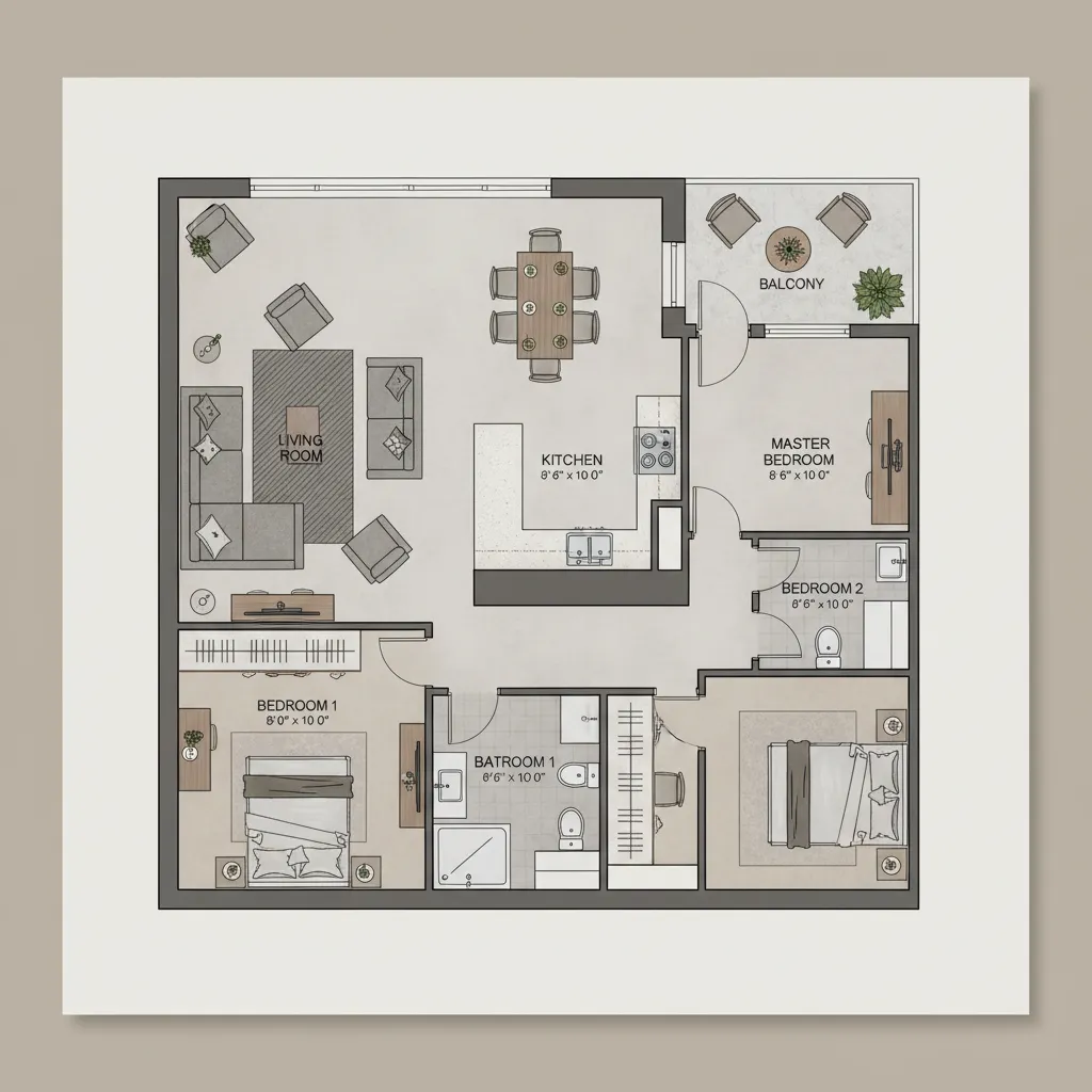 Plano de una vivienda con medidas y distribución de habitaciones