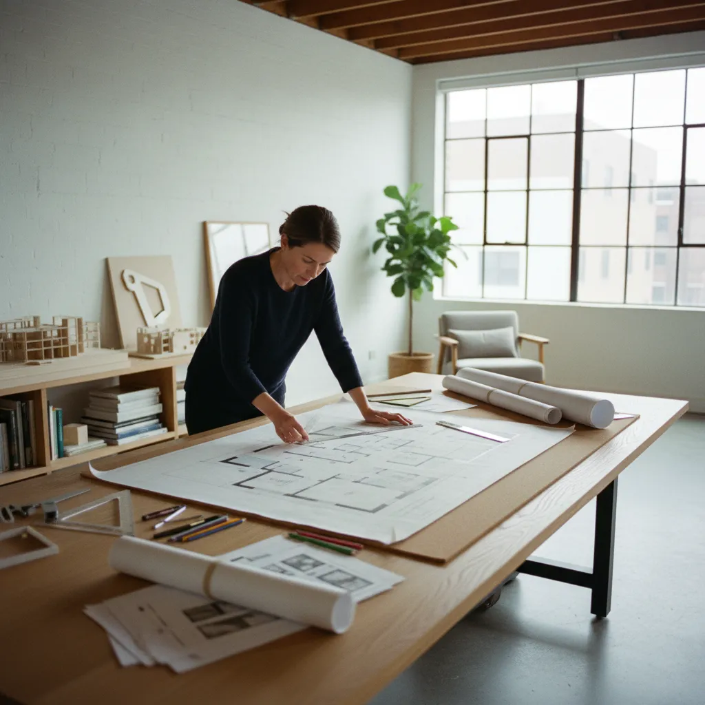 Diseñadora revisando planos de distribución de un apartamento