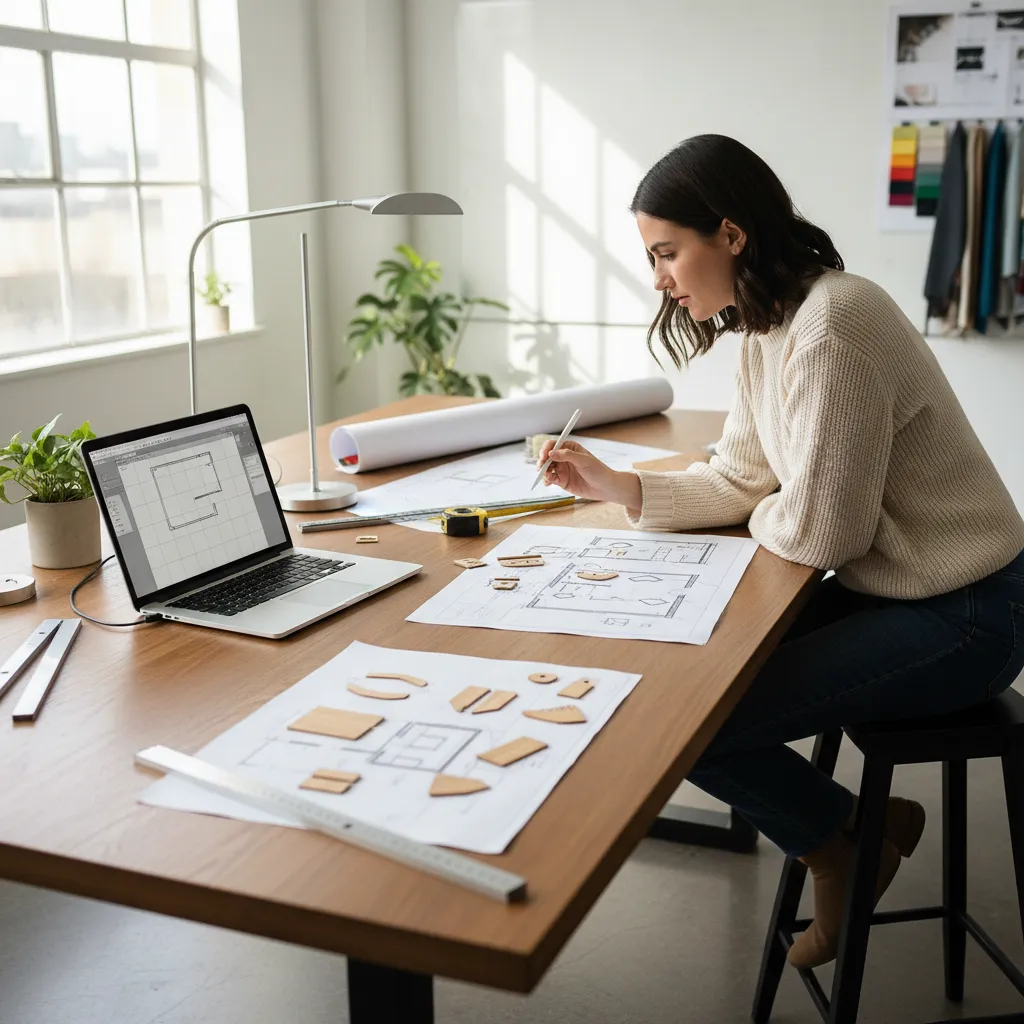 Persona planificando distribución del salón con plano y portátil