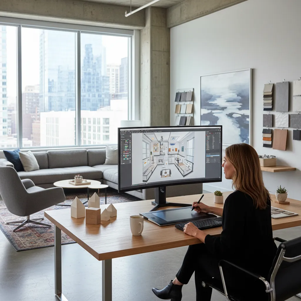 Diseñador revisando distribución de muebles en plano digital