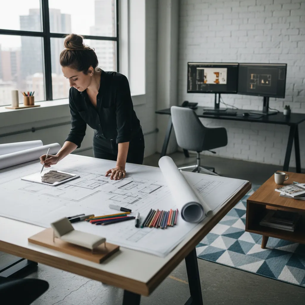 Diseñador planificando la distribución de muebles en plano de vivienda