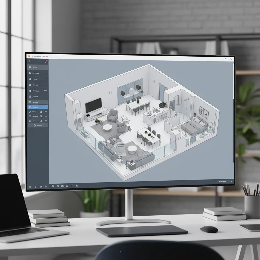 vista de planificación de distribución de muebles en un plano 3D de vivienda