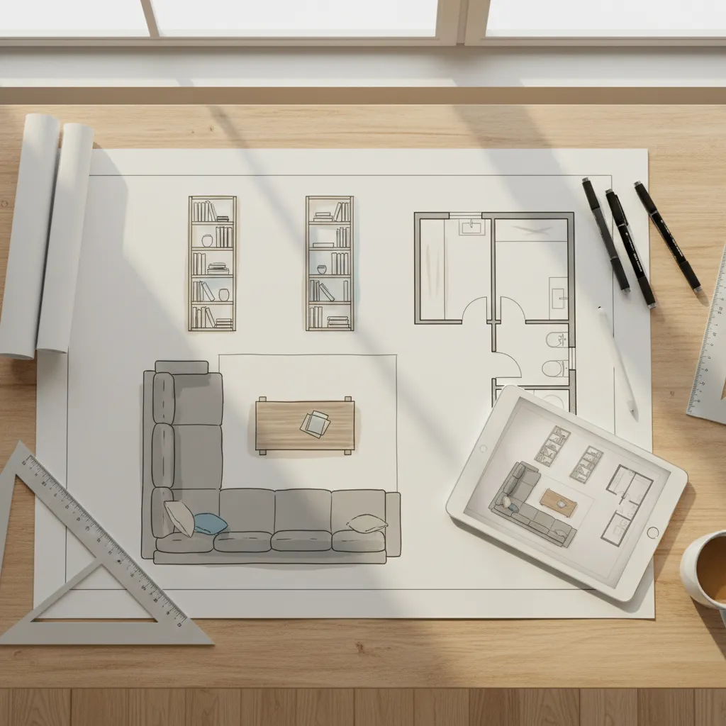 Plano de distribución de salón con muebles organizados en un diseño funcional