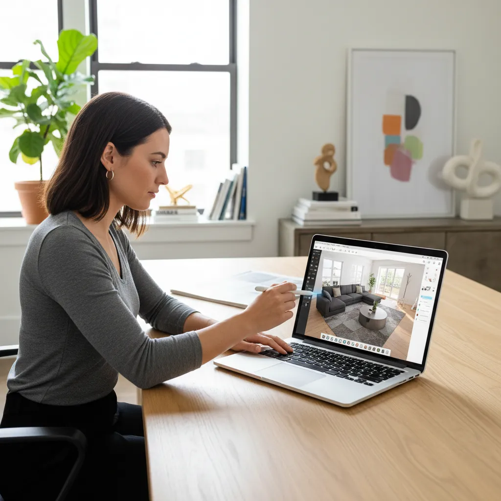 Diseñador probando distintas distribuciones de muebles en plano digital