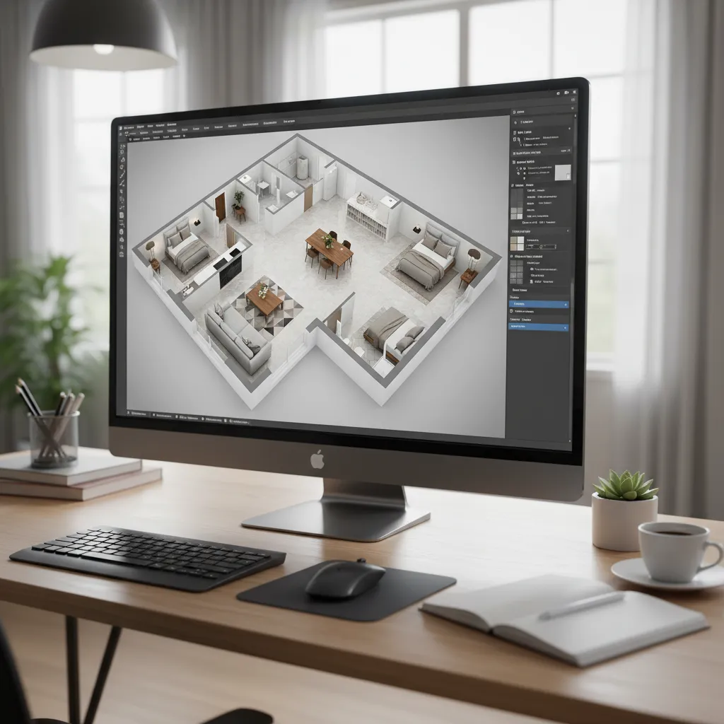 Computer monitor displaying a 3D room layout design on a desk with a coffee cup