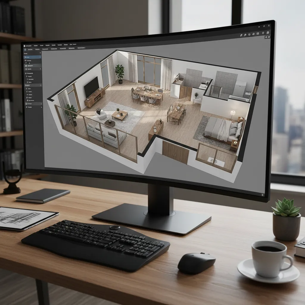 Pantalla mostrando planificación 3D de un apartamento con distribución de muebles