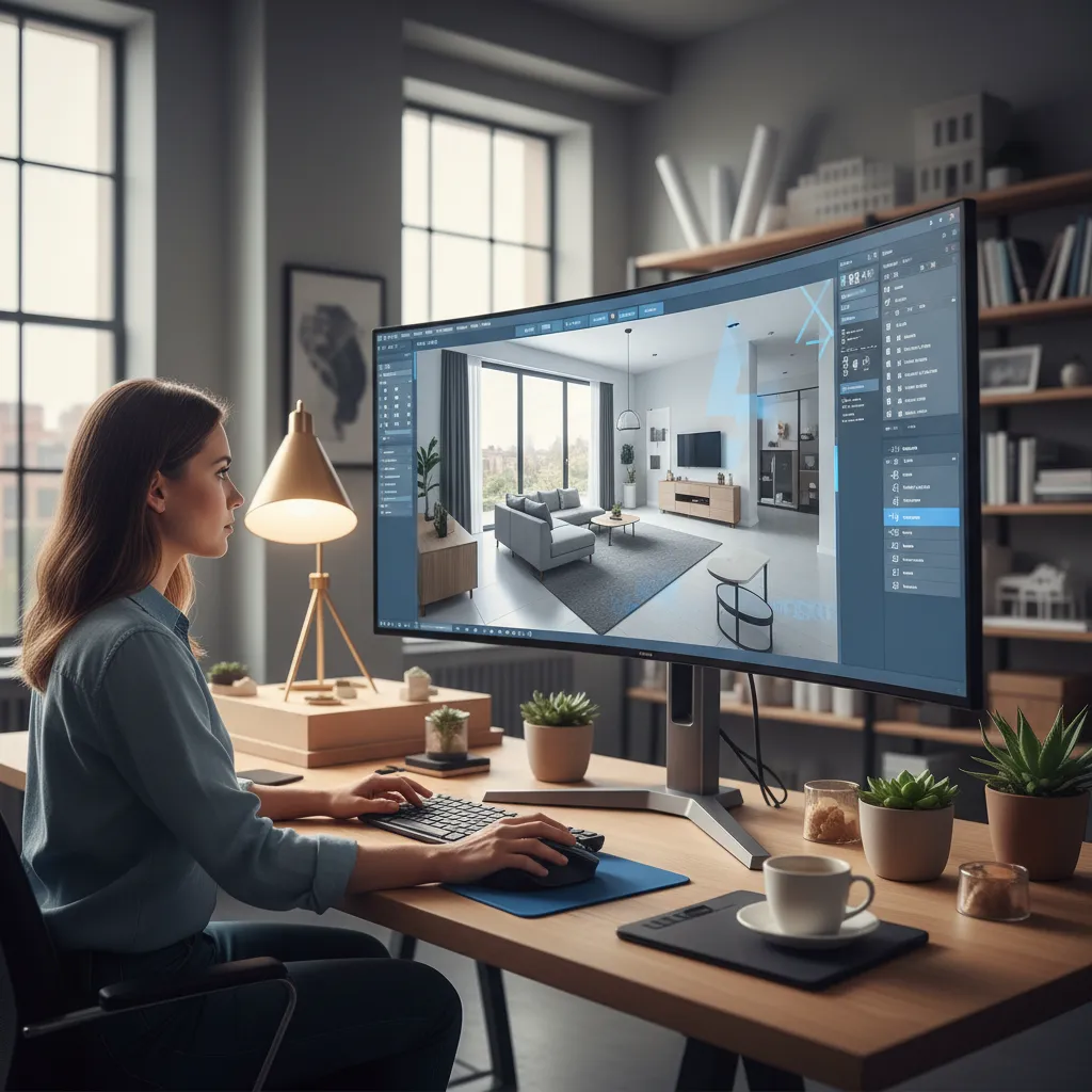 Pantalla mostrando un plano 3D de un apartamento en proceso de diseño