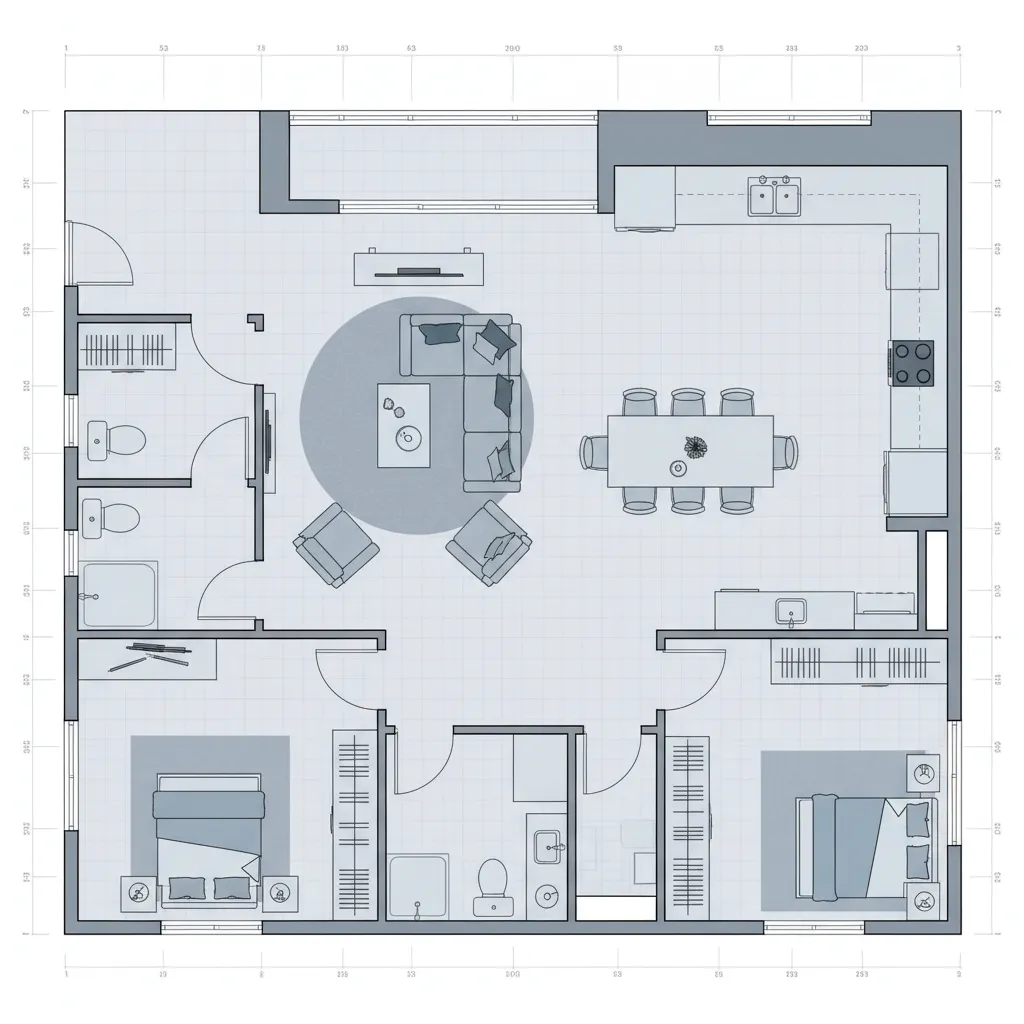 Vista de planificación de una habitación con muebles colocados digitalmente