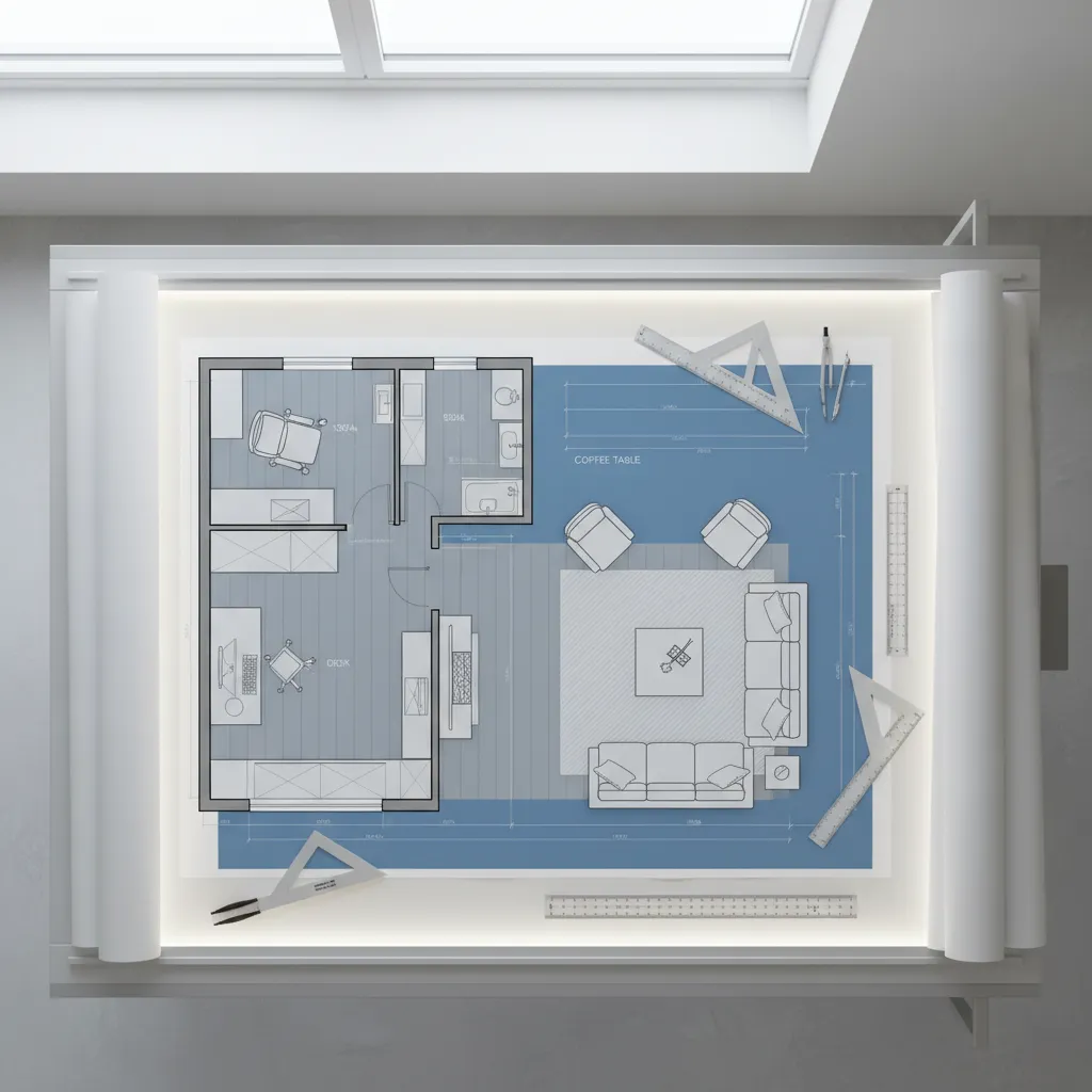 Plano de distribución de salón con mobiliario y medidas