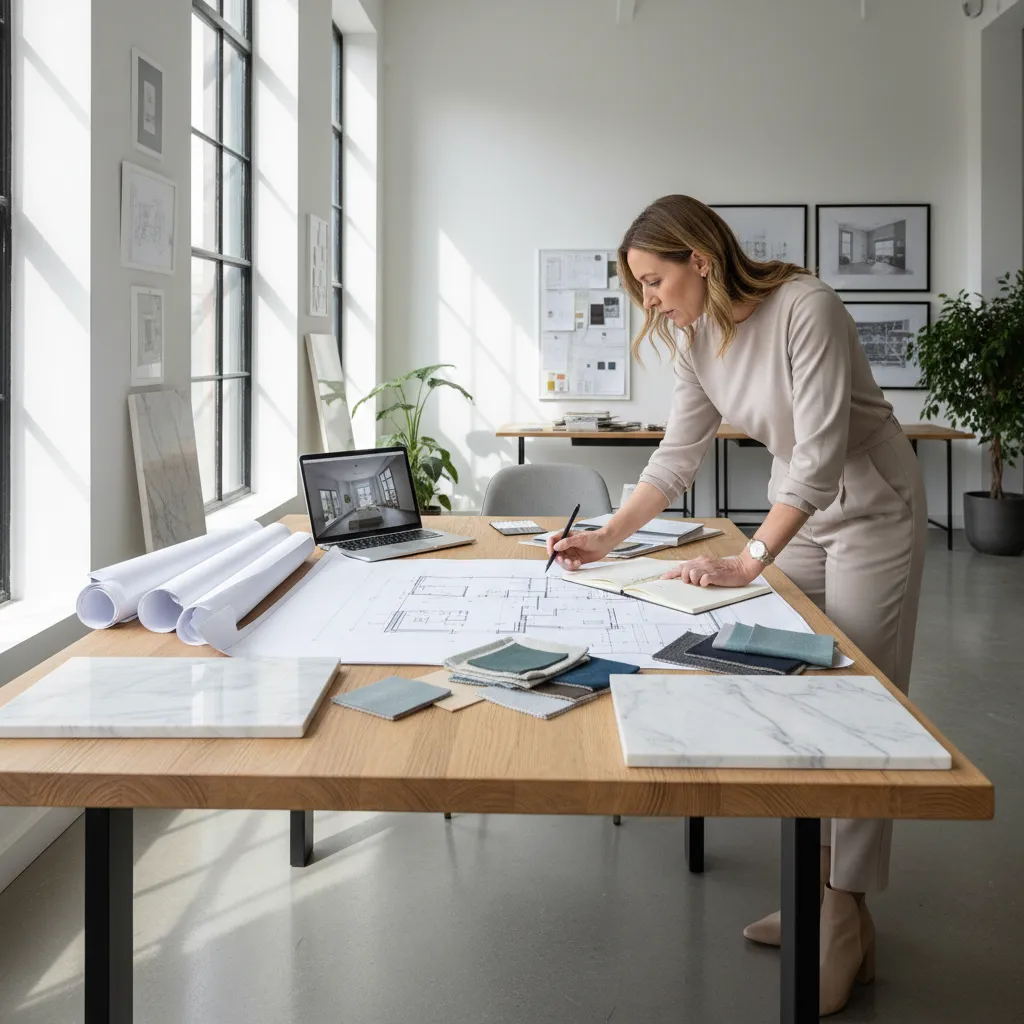 interiorista analizando planos de distribución en un proyecto residencial