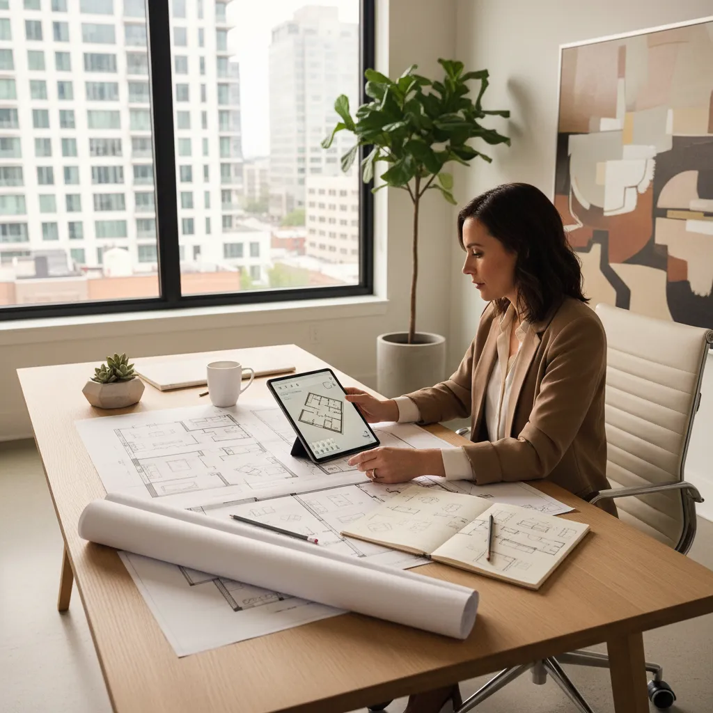 Diseñador planificando distribución de un apartamento con planos y tablet