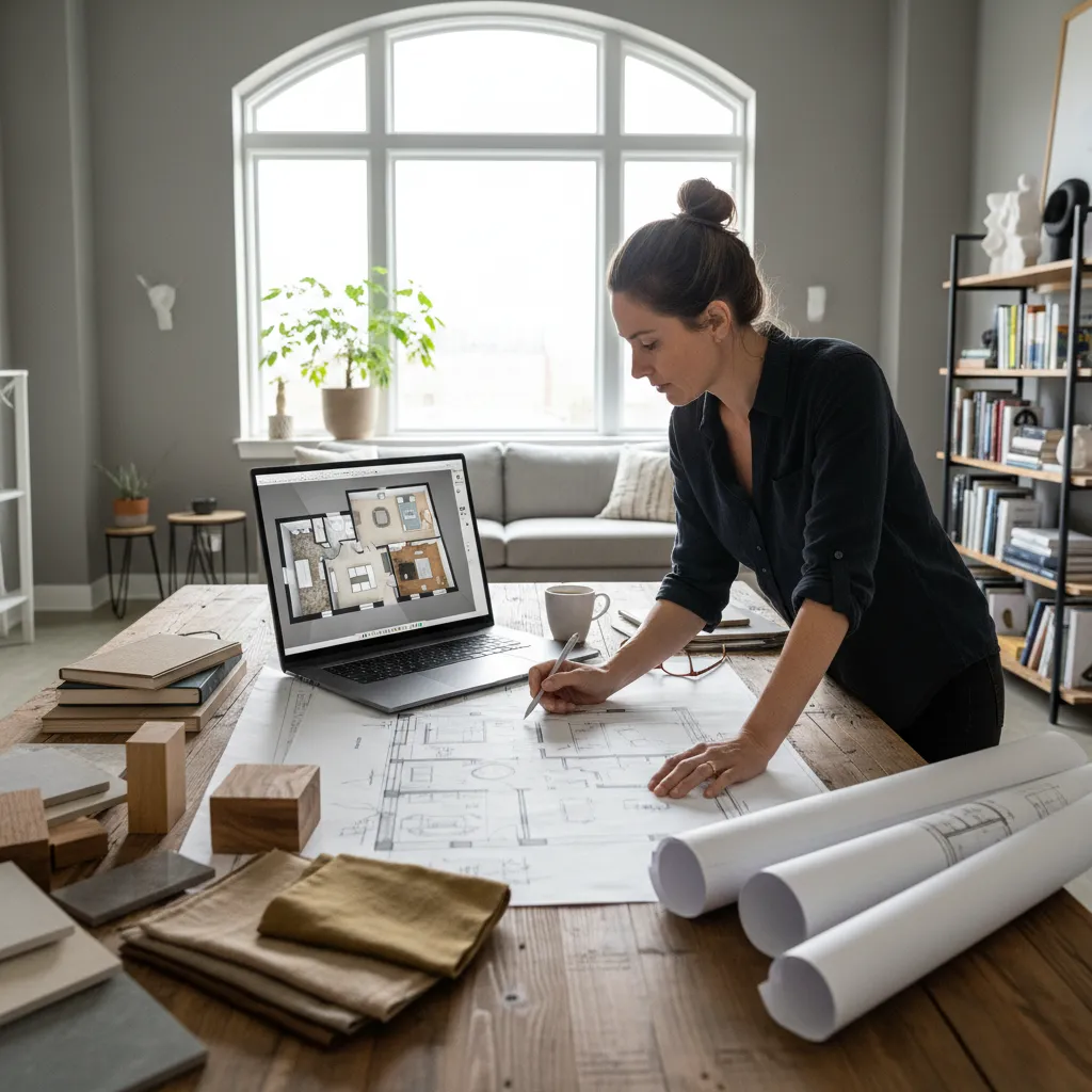 Diseñador analizando planos de distribución de una vivienda